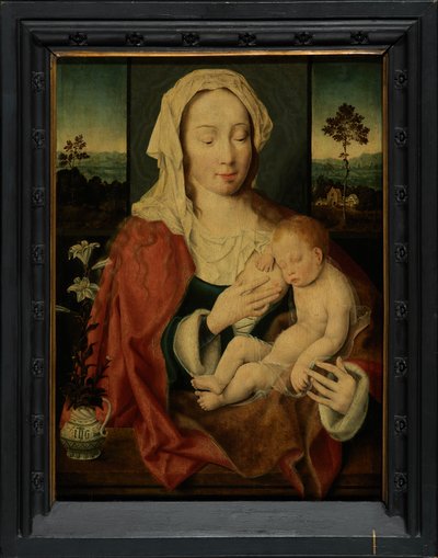Helig Jungfru med sovande Jesusbarn (olja på panel) av Joos van Cleve