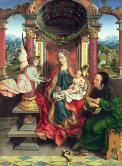 Den heliga familjen, mittpanel av en triptyk, ca 1530 (panel) av Joos van Cleve