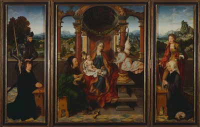 Den heliga familjen, ca 1530, av Joos Van Cleve (1485-1540), triptyk. Belgien av Joos van Cleve