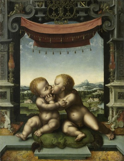 Spädbarnen Kristus och Johannes Döparen omfamnar, 1520-25 av Joos van Cleve