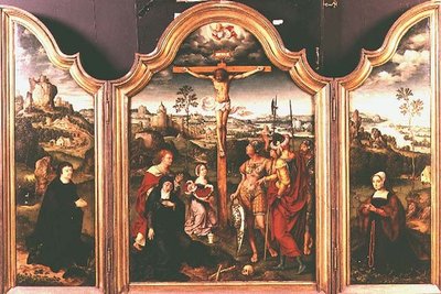 Triptyk: Korsfästelse flankerad av knästående donatorer (olja) av Joos van Cleve