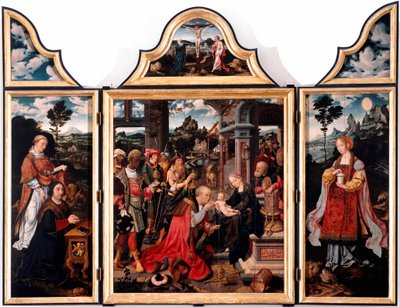 Tryptic of Adoration of the Magi. Målning på trä av Joos Van Cleve den unge (1485-1540) 1515 Dim. 260x200 cm Genes, San Donato-kyrkan av Joos van Cleve