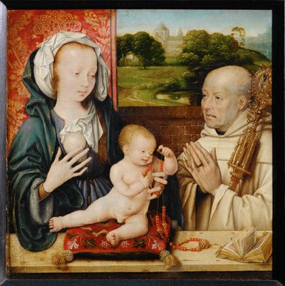 Jungfru och barn med Sankt Bernhard av Clairvaux. I bakgrunden klostret i Cluny ... av Joos van Cleve