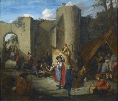 En officer läser ett brev i ett militärläger intill ett slotts murar av Joos van Craesbeeck