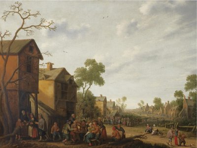 En byscen med bönder som äter och dricker utanför ett värdshus, tiggare till vänster av Joost Cornelisz Droochsloot