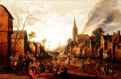 Soldater plundrar en by av Joost Cornelisz. Droochsloot