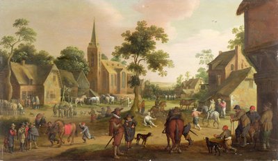 Resande, tiggare och hästkopare i en by av Joost Cornelisz. Droochsloot
