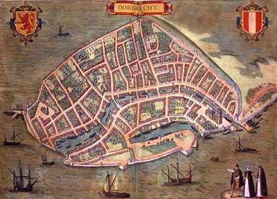 Karta över Dordrecht, från "Civitates Orbis Terrarum" av Georg Braun (1541-1622) och Frans Hogenburg (1535-90), ca 1572 (kolorerat gravyr) av Joris (after) Hoefnagel