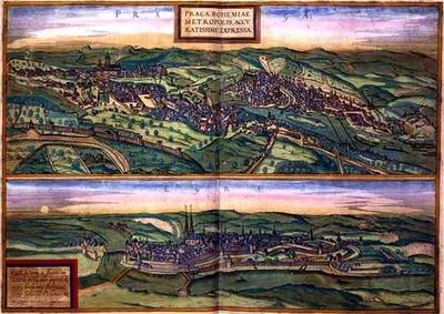 Karta över Prag och Ägget, från "Civitates Orbis Terrarum" av Georg Braun (1541-1622) och Frans Hogenberg (1535-90), ca 1572 (kolorerad gravyr) av Joris (after) Hoefnagel