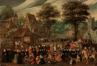 En byfest med elegant klädda figurer i procession, en flod och ett torn bortom av Joris Hoefnagel