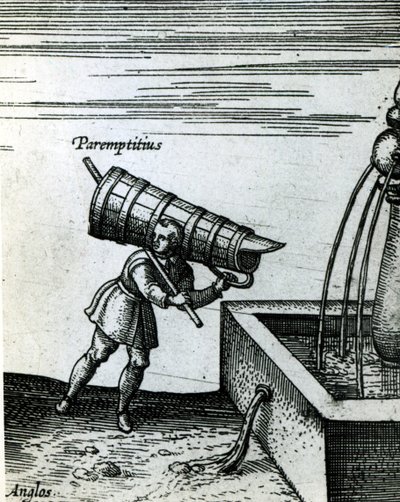 En lærling henter vand fra et springvand (detalje af 105365) sved av Joris Hoefnagel