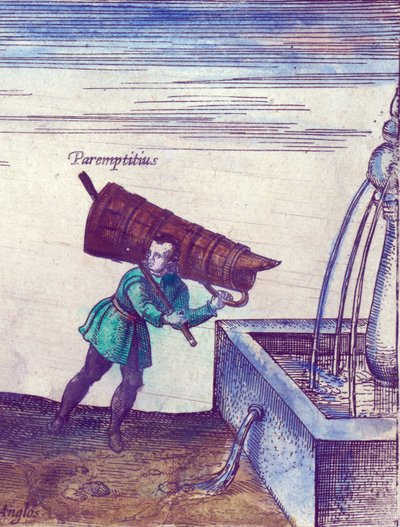 En lärling hämtar vatten från en fontän, 1598 handfärgad koppargravyr detalj av 324184 av Joris Hoefnagel