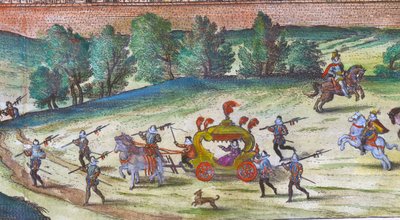 Drottning Elizabeth I:s ankomst till Nonesuch Palace med sina hovmän, vakter och hundar, 1598 handfärgad kopparstickdetalj av 324184 av Joris Hoefnagel