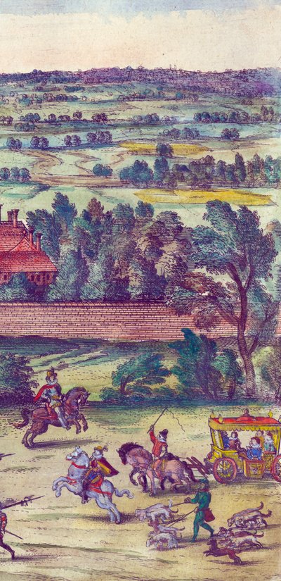 Hovmän och jakthundar som åtföljer ankomsten av drottning Elizabeth I till Nonsuch Palace, 1598 handfärgad koppargravyr detalj av 324184 av Joris Hoefnagel