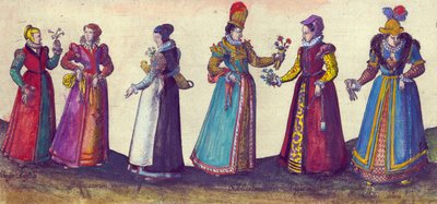 Engelska kvinnor från den elisabetanska eran, 1598 (handfärgad kopparstick) av Joris Hoefnagel