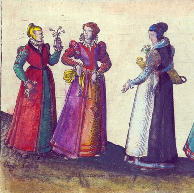 Engelska kvinnor från den elisabetanska eran, 1598 (handfärgad kopparstick) av Joris Hoefnagel