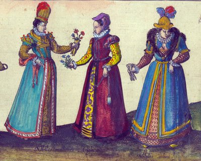 Engelska kvinnor från den elisabetanska eran, 1598 handfärgad koppargravyr detalj av 324184 av Joris Hoefnagel