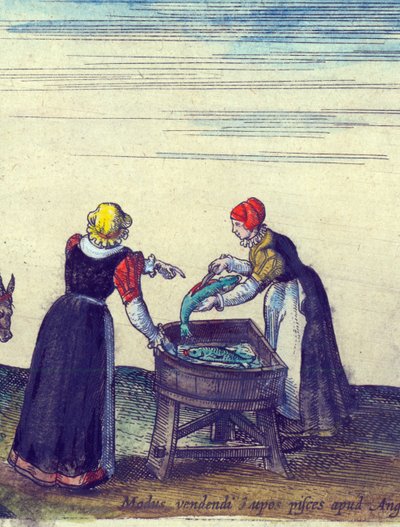 Fiskfruar som säljer och rensar gädda, 1598 handfärgad koppargravyr detalj av 324184 av Joris Hoefnagel