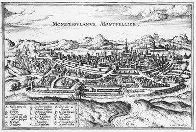 Karta över Montpellier, från "Civitates Orbis Terrarum" av Georg Braun (1541-1622) och Frans Hogenberg (1535-90) Bryssel 1574 (se även 121038) av Joris Hoefnagel