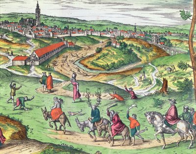 Stadsplan för Sevilla, från Civitates Orbis Terrarum av Georg Braun 1541-1622 och Frans Hogenberg 1535-90, 1593 färgad gravyrdetalj av 121051 av Joris Hoefnagel