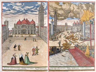 Venedig, Italien: Markuskyrkan och elden vid den venetianska dogens palats 1577 (ritning av Joris Hoefnagel