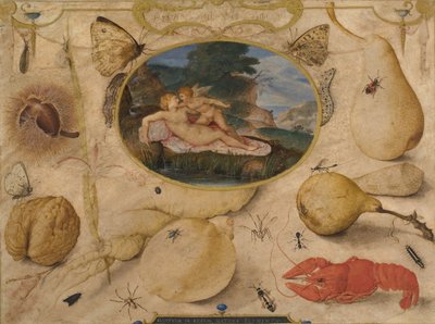 "Venus disarming Amor" i en medaljong omgiven av växter, frukter, insekter och skaldjur av Joris Hoefnagel