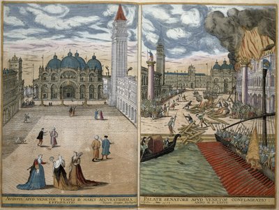 Vy över San Marco och det brinnande Palazzo Ducale från Civitates Orbis Terrarum av Georg Braun (1541-1622) och Frans Hogenberg (1535-90) 1578 av Joris Hoefnagel