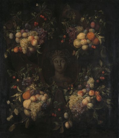 Simulerat skulpterat huvud av en kvinna i en kartusch dekorerad med swags of fruit av Joris van Son