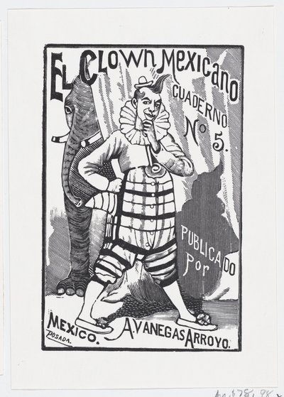 En clown som står med en hand på höften och en elefant som tittar ut bakifrån..., ca. 1880-1910. av José Guadalupe Posada