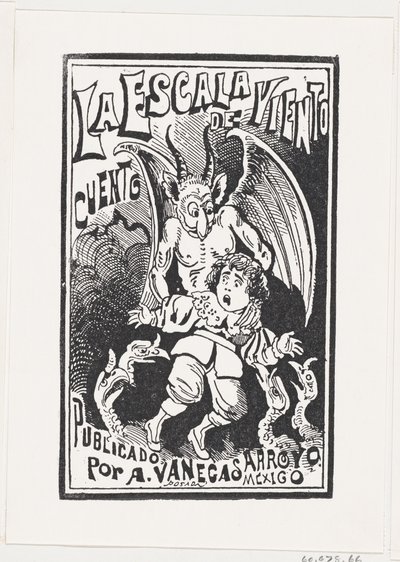 En demon som håller en ung pojke vid sina axlar över en grupp gamar, illustrati..., ca. 1880-1910. av José Guadalupe Posada