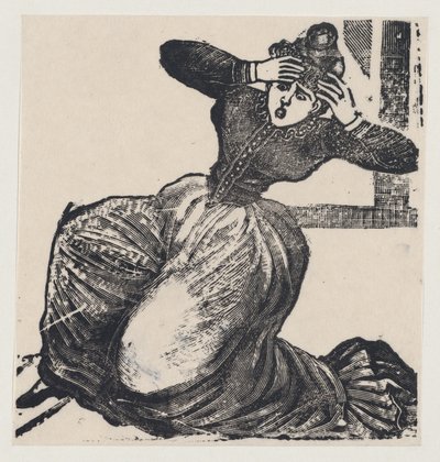 En flämtande kvinna på marken med händerna höjda mot huvudet, från en bredsida med titeln..., 1893. av José Guadalupe Posada