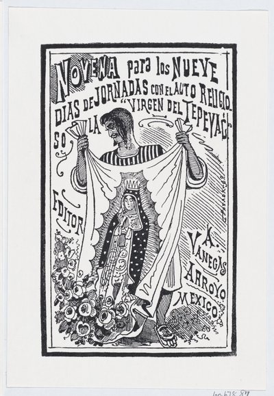 En man som håller upp ett tygstycke med en bild av Jungfrun, illustration för ..., ca. 1880-1910. av José Guadalupe Posada