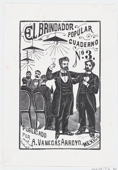 En man höjer sitt glas med en grupp män som sitter vid ett bord i bakgrunden,..., ca. 1890-1899. av José Guadalupe Posada