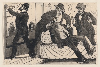 En man knivhugger en annan man i bröstet medan hans medarbetare plundrar en butik, från en..., ca. 1890-1891. av José Guadalupe Posada