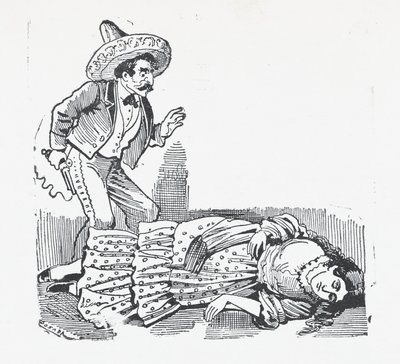En man med en pistol stående över en kvinna som han just har skjutit, ca. 1880-1910., ca. 1880-1910. av José Guadalupe Posada