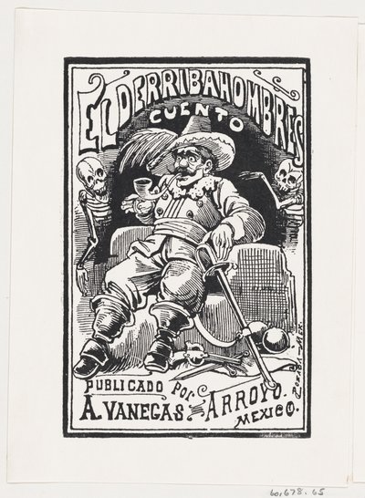 En man med vapen och en pipa i munnen flankerad av två skelett, illustration..., ca. 1880-1910. av José Guadalupe Posada