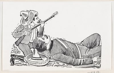En revolutionär som håller ett gevär och knäböjer för att skydda en fallen revolutionär, c..., ca. 1880-1910. av José Guadalupe Posada