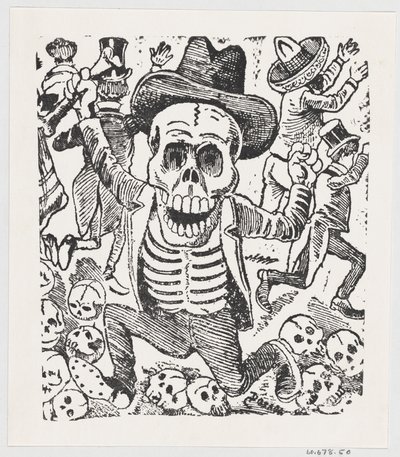 Ett skelett som håller ett ben och hoppar över en hög med dödskallar medan människor flyr, fr..., ca. 1907. av José Guadalupe Posada