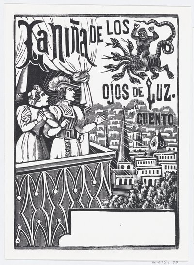 En kvinna och en man står på en balkong och tittar upp på ett flygande monster på himlen..., ca. 1880-1910. av José Guadalupe Posada