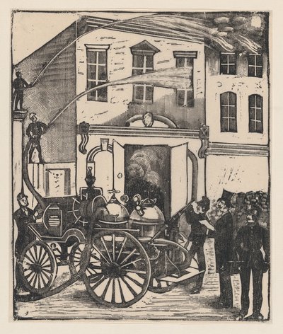 Brandmän släcker en brand i ett hus, brandbil i förgrunden, ca. 1880-1910., ca. 1880-1910. av José Guadalupe Posada