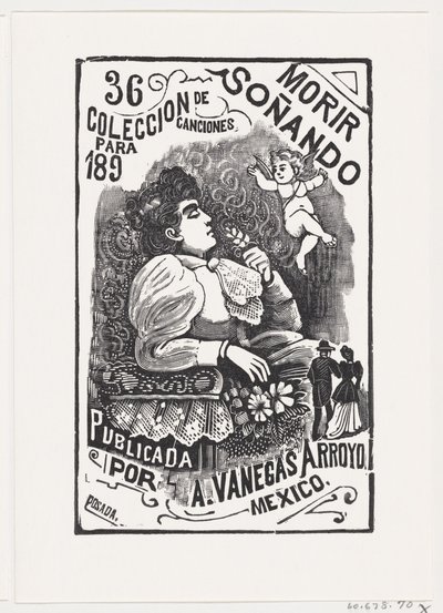 Profil av en kvinna som sitter i en stol med huvudet bakåt och håller en blomma, il..., ca. 1890. av José Guadalupe Posada