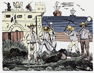 Den mexikanska revolutionen (1910-1920): Grupper av fångar vid tvångsarbete - Xylografi av Jose Guadalupe Posada (1852-1913) av José Guadalupe Posada