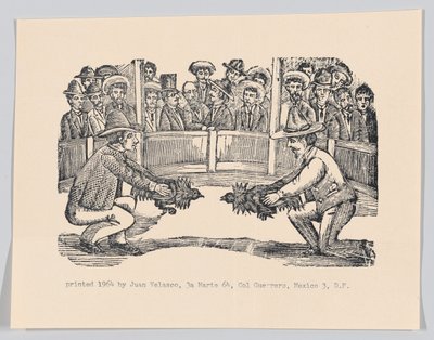 Två män på en arena som håller tuppar som förberedelse för ett slagsmål, spe..., ca 1890-1910, omtryckt 1964. av José Guadalupe Posada