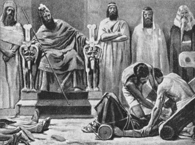 Zedekiah förblindas och förs till Babylon, 586 f.Kr (litografi) av Jose (after) Villegas y Cordero