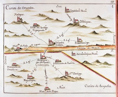 ALZATE, Jose Antonio (1737-1799). Vetenskapsman och författare. Plan för ärkestiftet Mexiko. Församlingen i Otumba (Otumba eller Ozumba) och Församlingen i Axapulco (Acapulco). 1767. Gravyr av Jose Antonio Alzate. Gravyr. SPANIEN. KASTILIEN-LA-MANCHA. Tole av Jose Antonio Alzate