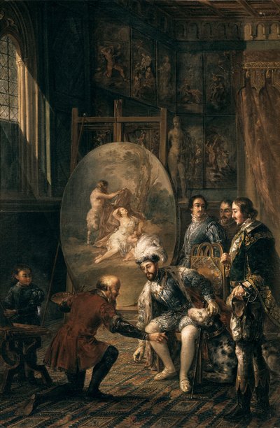 ""kejsaren Karl V (1500-1558) tar upp penseln från målaren Tiziano Vecellio sa Tizian (1485-1576), målare vid kejsarens hov"" Målning av Jose Felipe Parra (1824-1864) 1800-talets Valencia , Museo de Bellas Artes San Pio V av Jose Felipe Parra