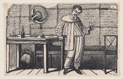 En man med ett glas i handen som tittar nedåt och lutar sig mot ett bord, en illustration ur ”El huérfano” av José Guadalupe Posada