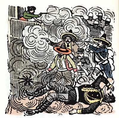 Den mexikanska revolutionen (1910-1920): attack mot Aquiles Serdans hus (1876-1910). Xylografi av Jose Guadalupe Posada (1852-1913). av José Guadalupe Posada