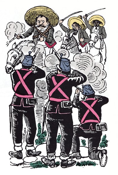 Den mexikanska revolutionen (1910-1920): Federalernas kamp mot Emiliano Zapatas revolutionära trupper (känd som El Caudillo del Sur). av José Guadalupe Posada