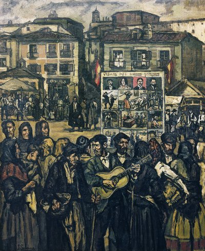 GUTIERREZ SOLANA, Jose (1886-1945). El cartel del crimen (El musico ciego) - Brottskartellen (den blinde musikern). ca 1920. (78 x 64 cm). Olja på duk. Privat samling av Jose Gutierrez Solana